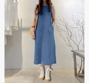 Women Fashion Casual Loose Long Maxi Sundress Denim Vestido Sleeveless Robe Femm